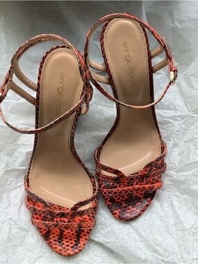 Sergio Rossi Orange-Red Snake-Print Ankle-Strap Heels